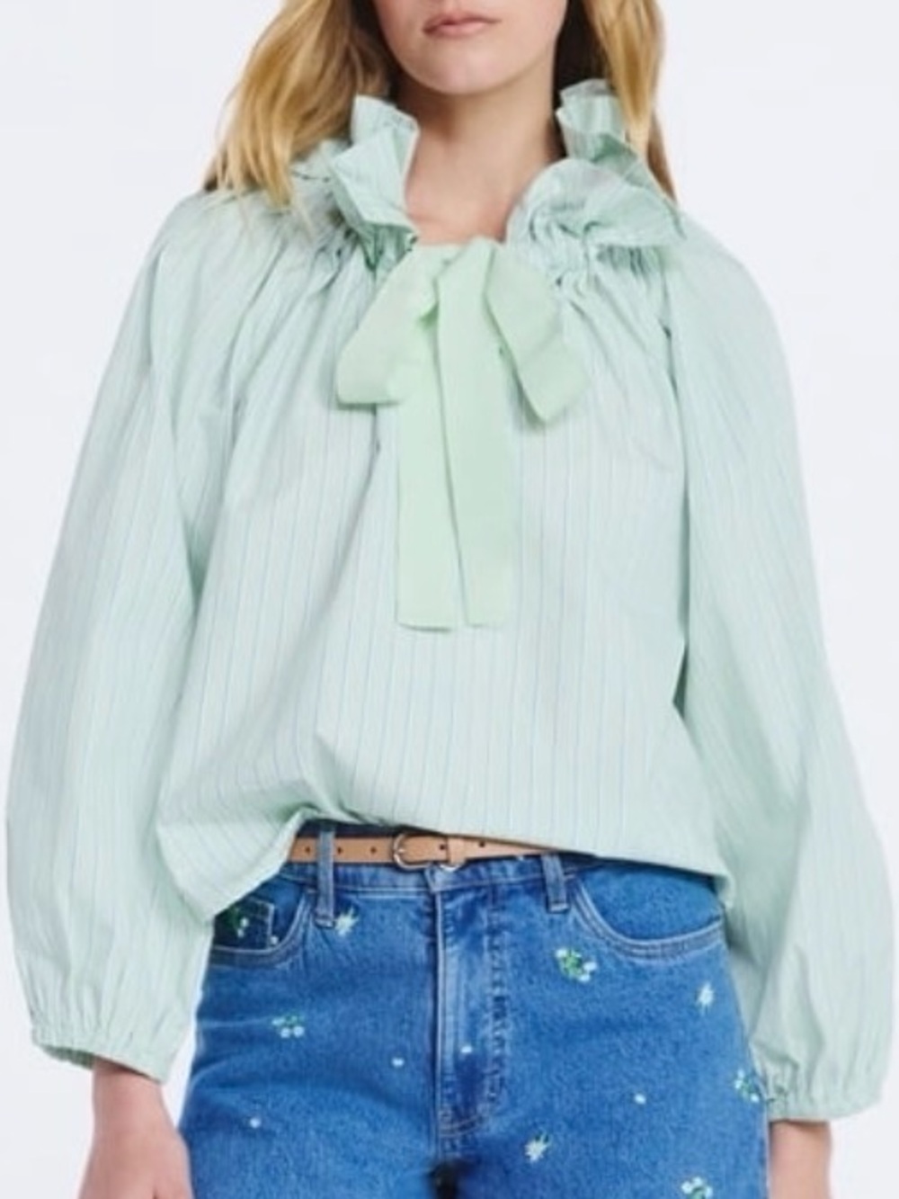 NWT Free Assembly Ruffle Tie Neck  Top with Long Puff Sleeves, XL  Striped Mint